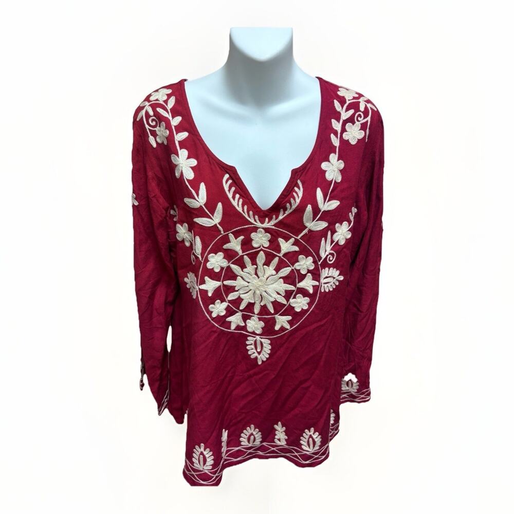 Scully Embroidered Peasant Blouse Womens Large Red Boho Western Long Sleeve